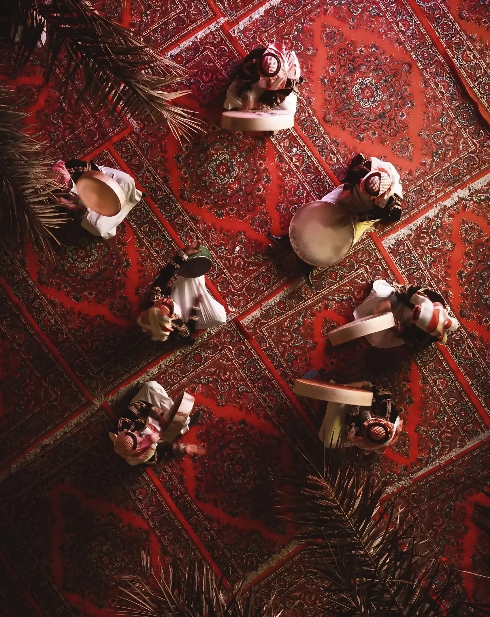 Men seated in a ring on red carpets, beating frame drums, seen from above, with palm fronds at the edges